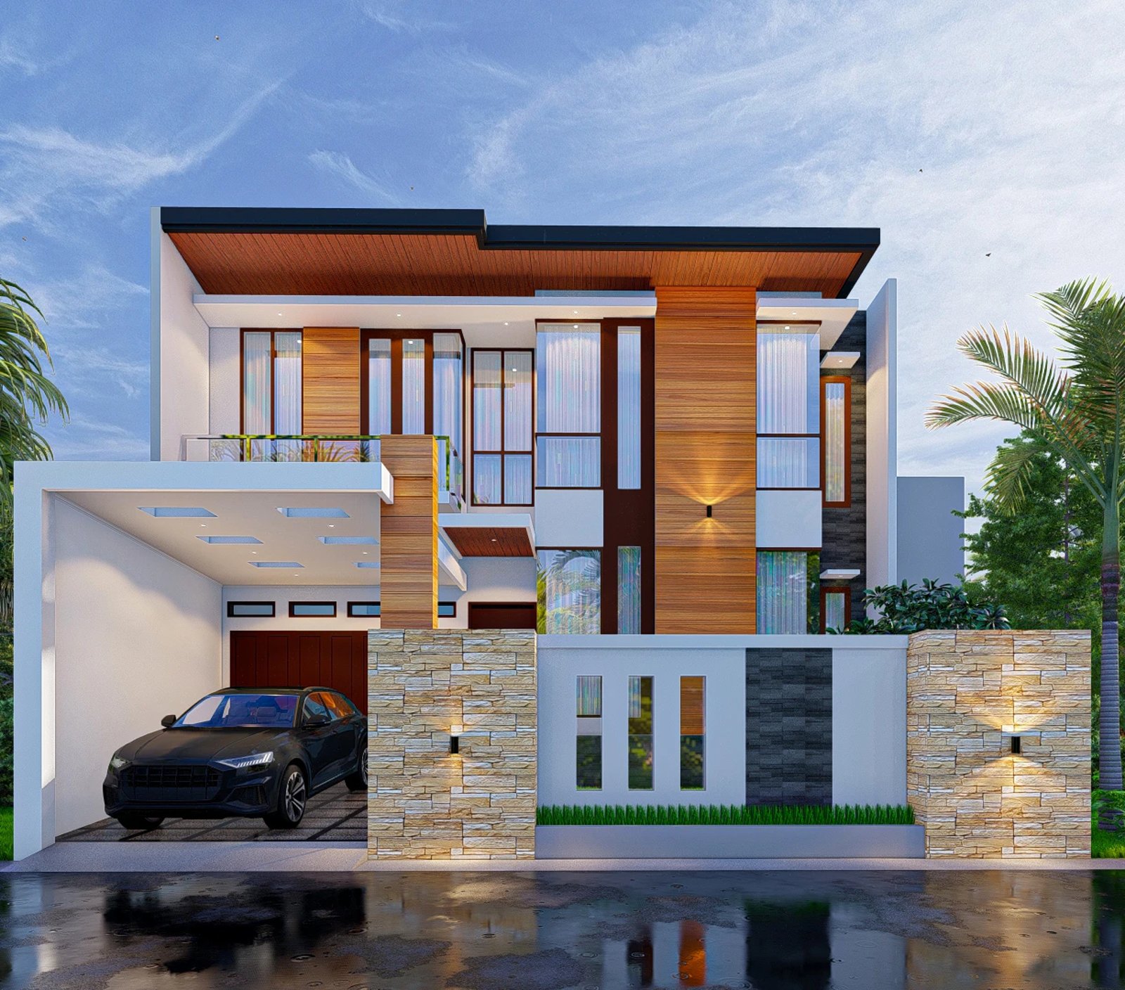 Fasad hunian modern dengan material kayu dan batu
