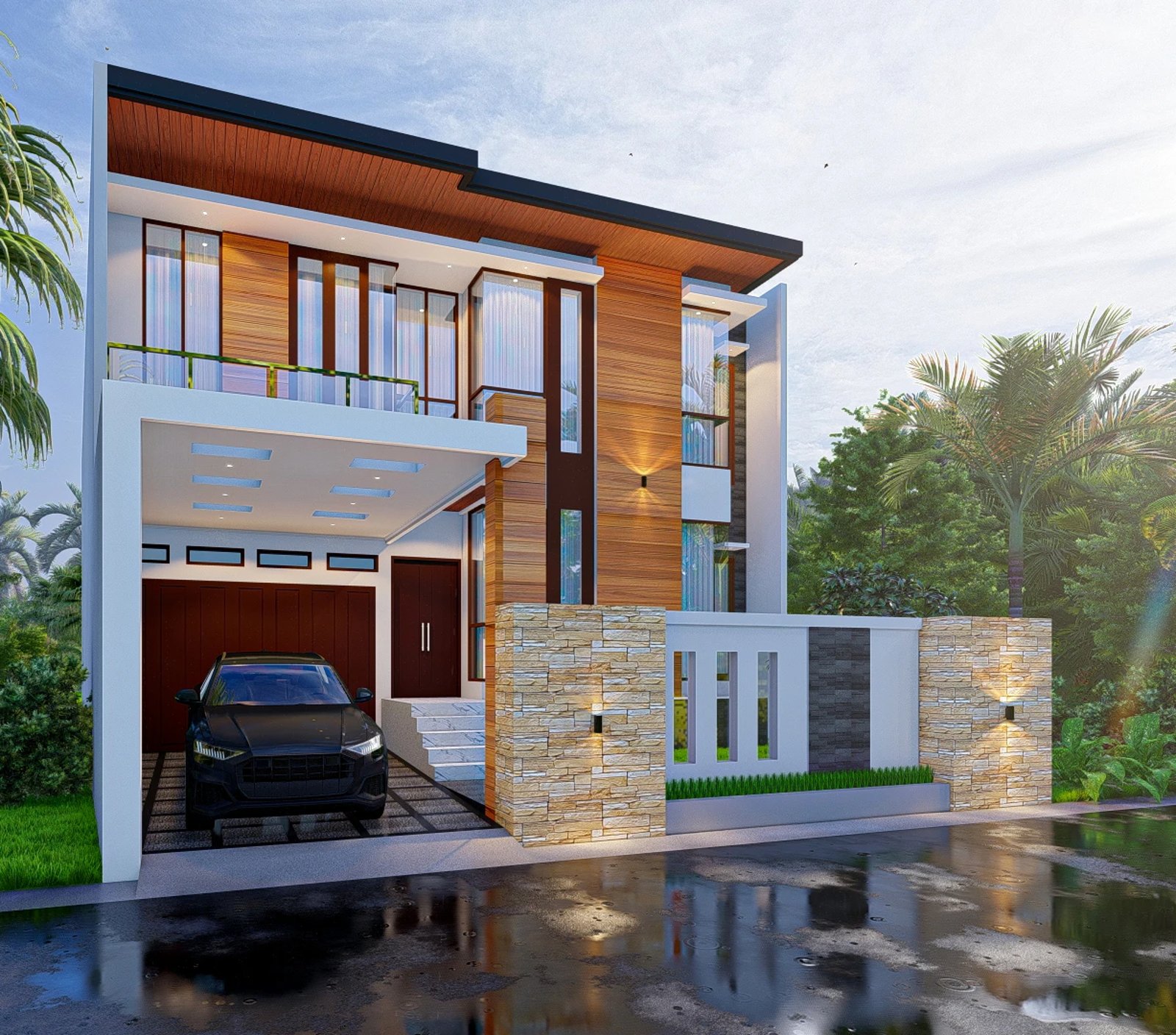Eksterior hunian dua lantai dengan area carport