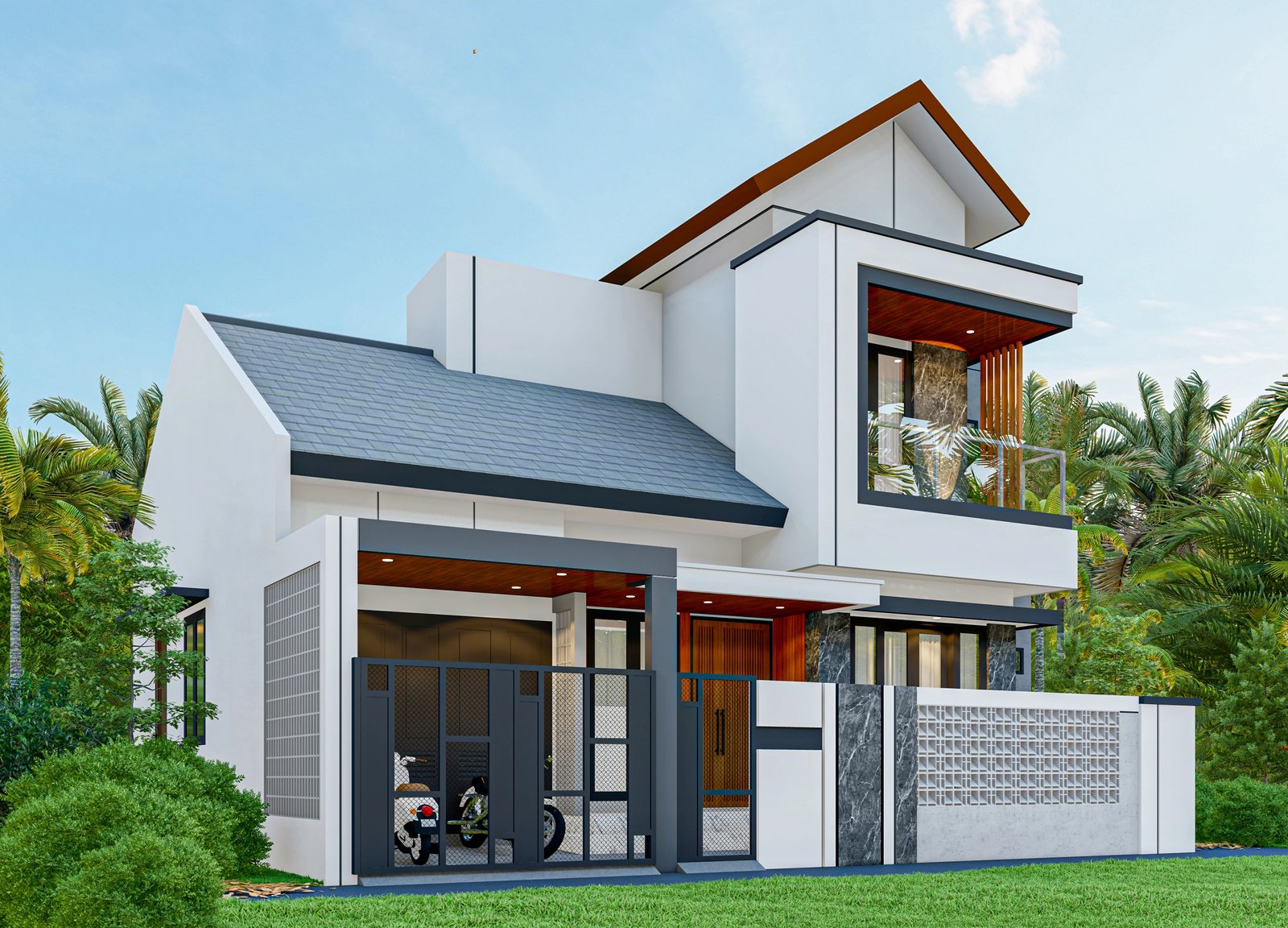 Hunian dengan aksen abu dan kayu pada fasad