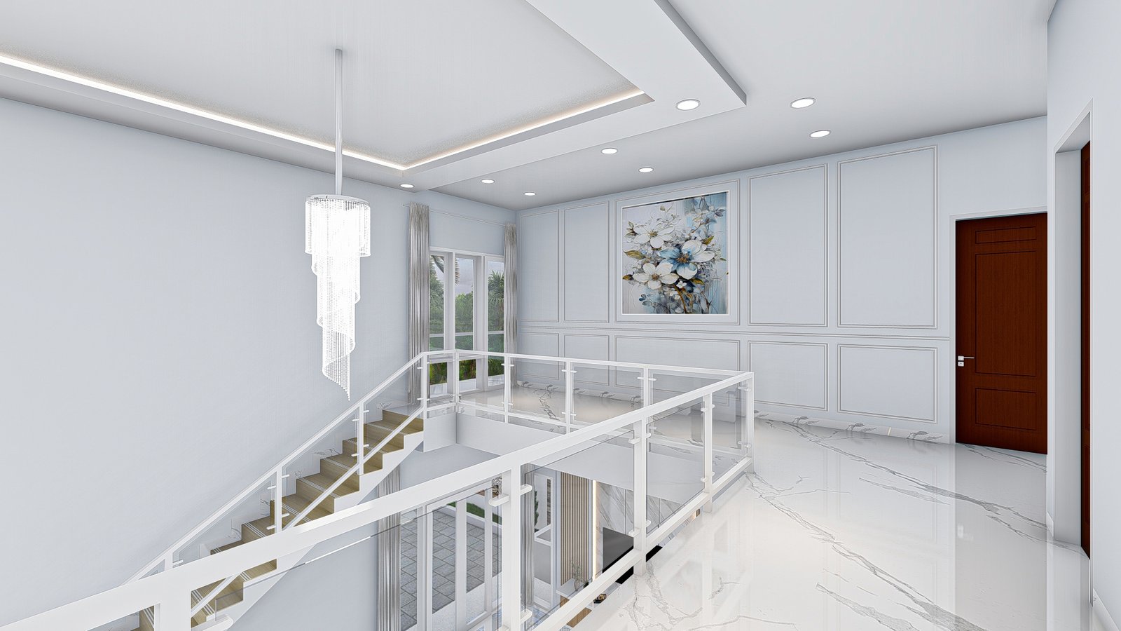 Area foyer dengan tangga dan lampu gantung kristal