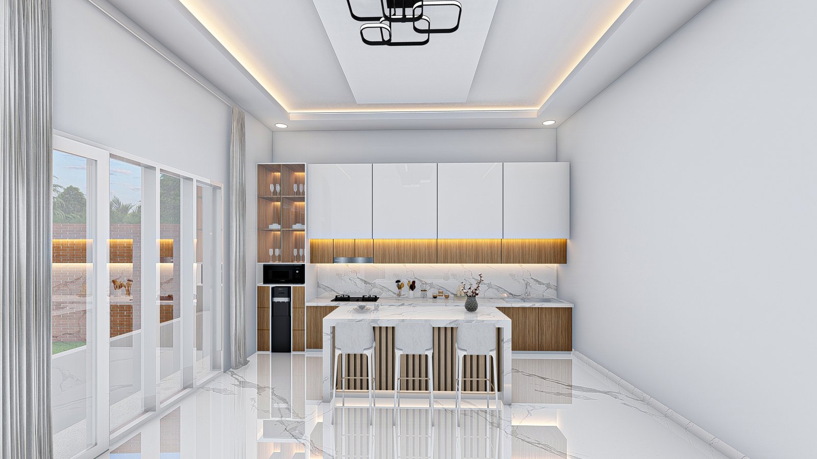 Dapur modern dengan island dan kabinet kayu