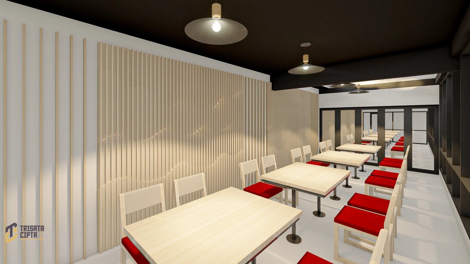 Area makan restoran dengan kursi merah dan dinding kayu