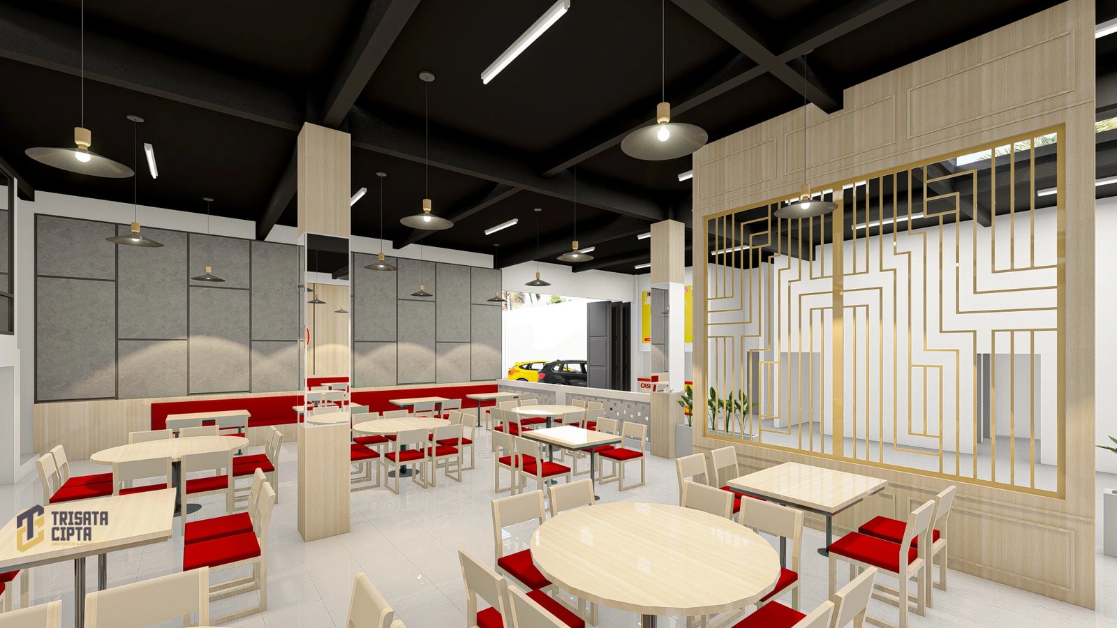 Interior restoran dengan sekat geometris dan kursi merah