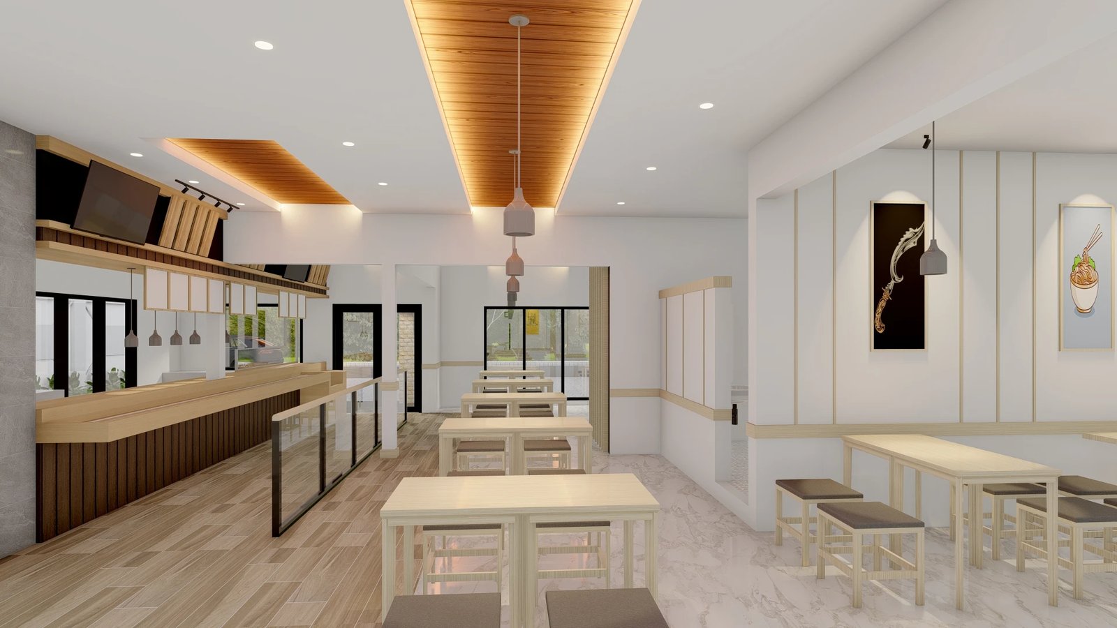 Interior restoran dengan meja kayu dan plafon kayu