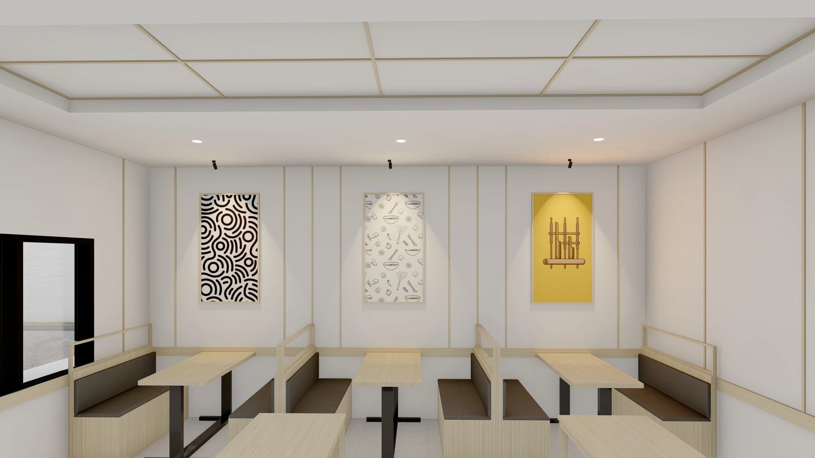 Interior restoran dengan kursi booth dan panel dekoratif
