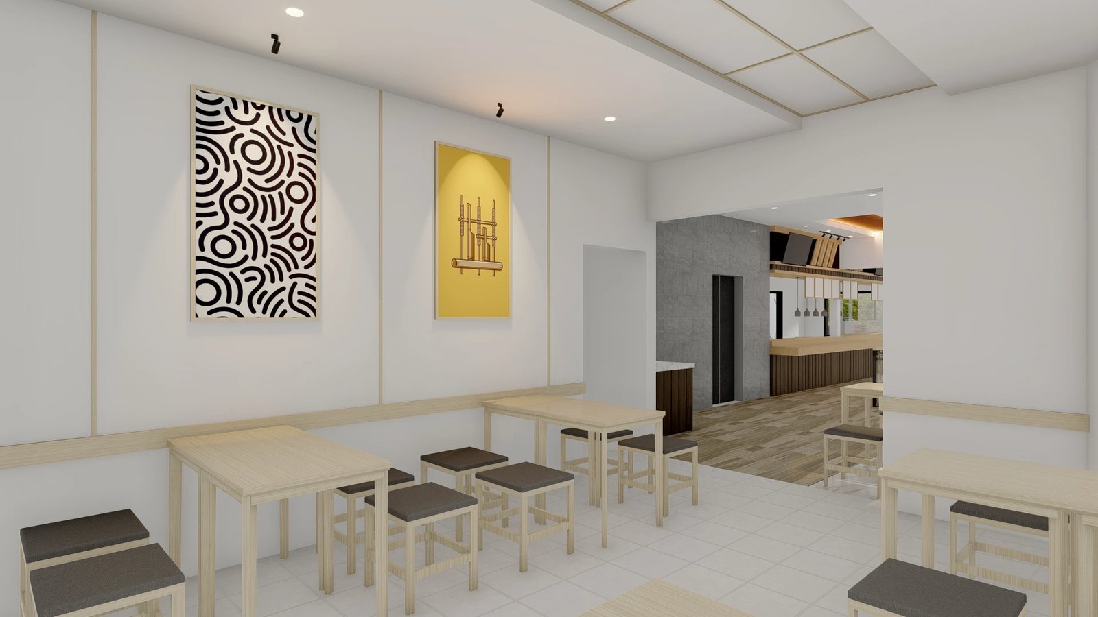 Sudut ruang restoran dengan panel ornamen