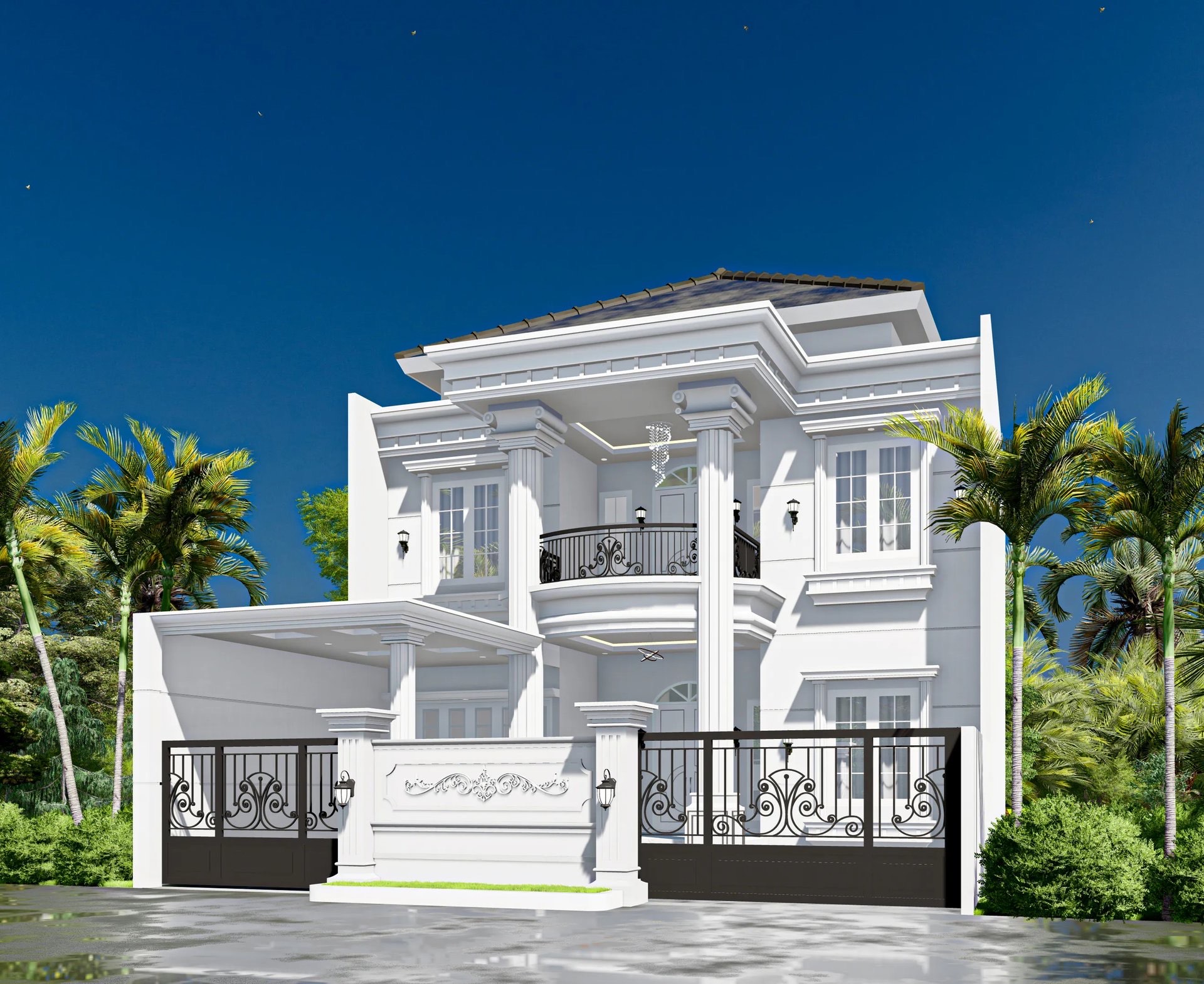 Rumah mewah dua lantai dengan fasad putih dan pagar ornamen, karya Casatria