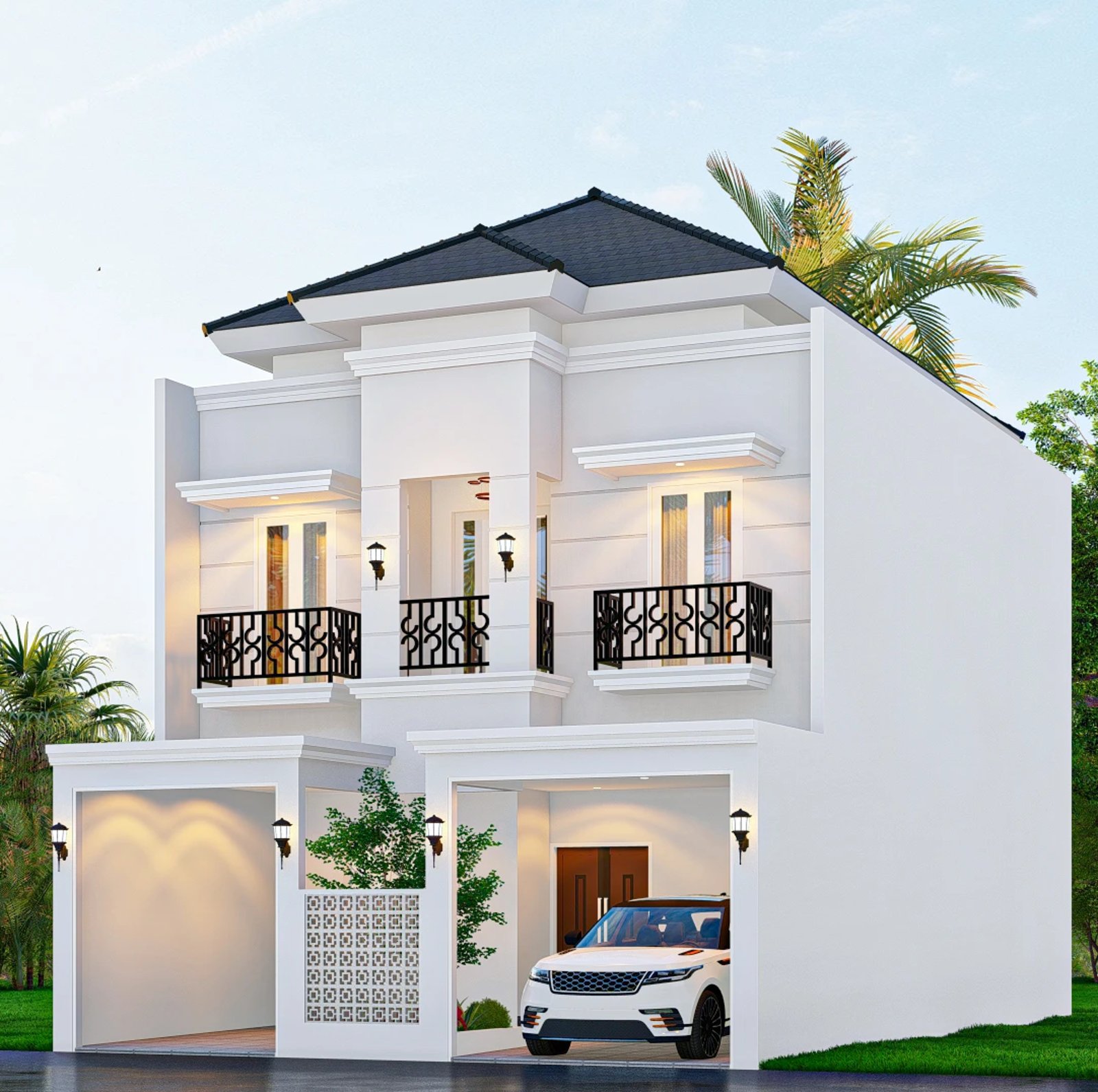 Rumah klasik dua lantai berwarna putih dengan balkon dan pagar ornamen