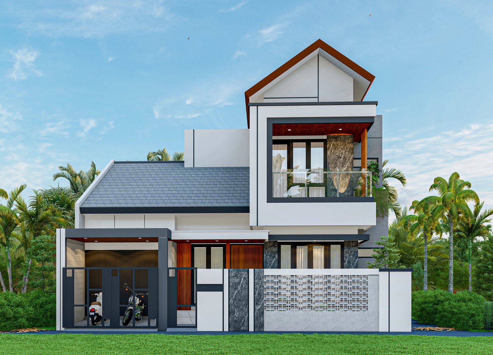 Rumah minimalis dua lantai dengan aksen kayu dan material batu