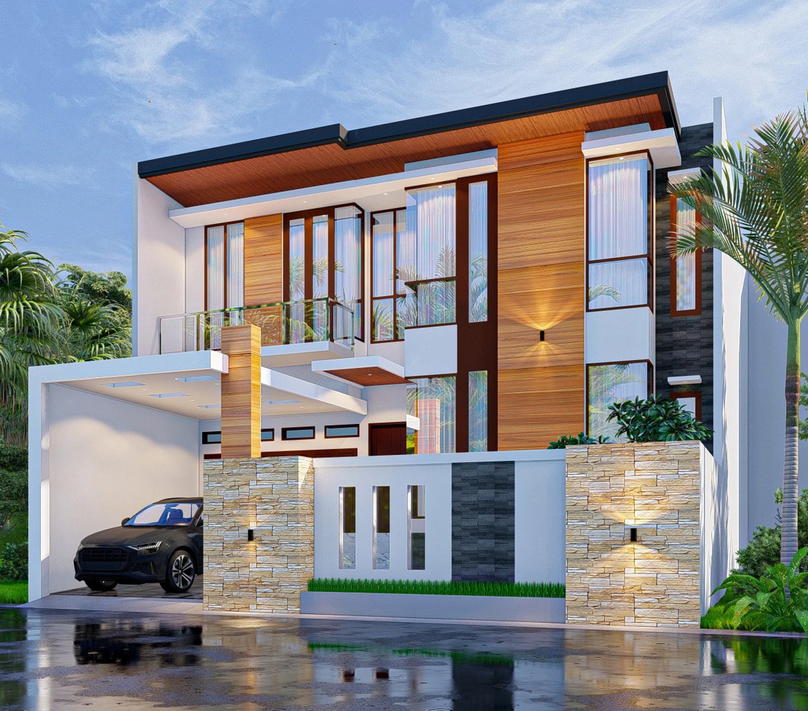 Rumah dua lantai dengan fasad kayu dan kanopi hitam
