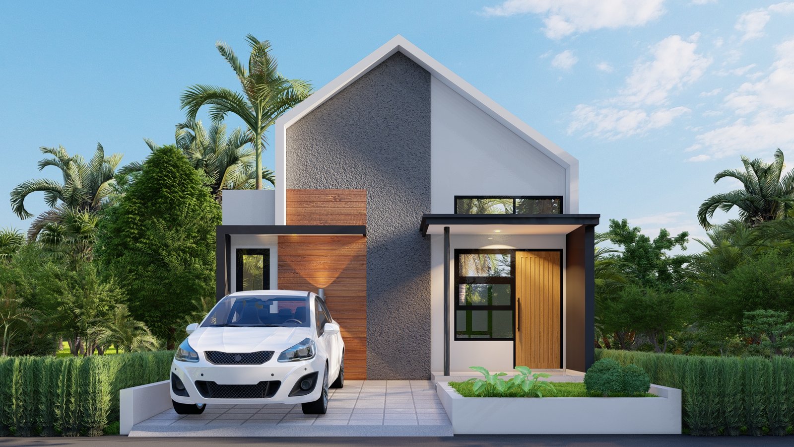 Rumah minimalis satu lantai dengan fasad abu-abu dan kayu