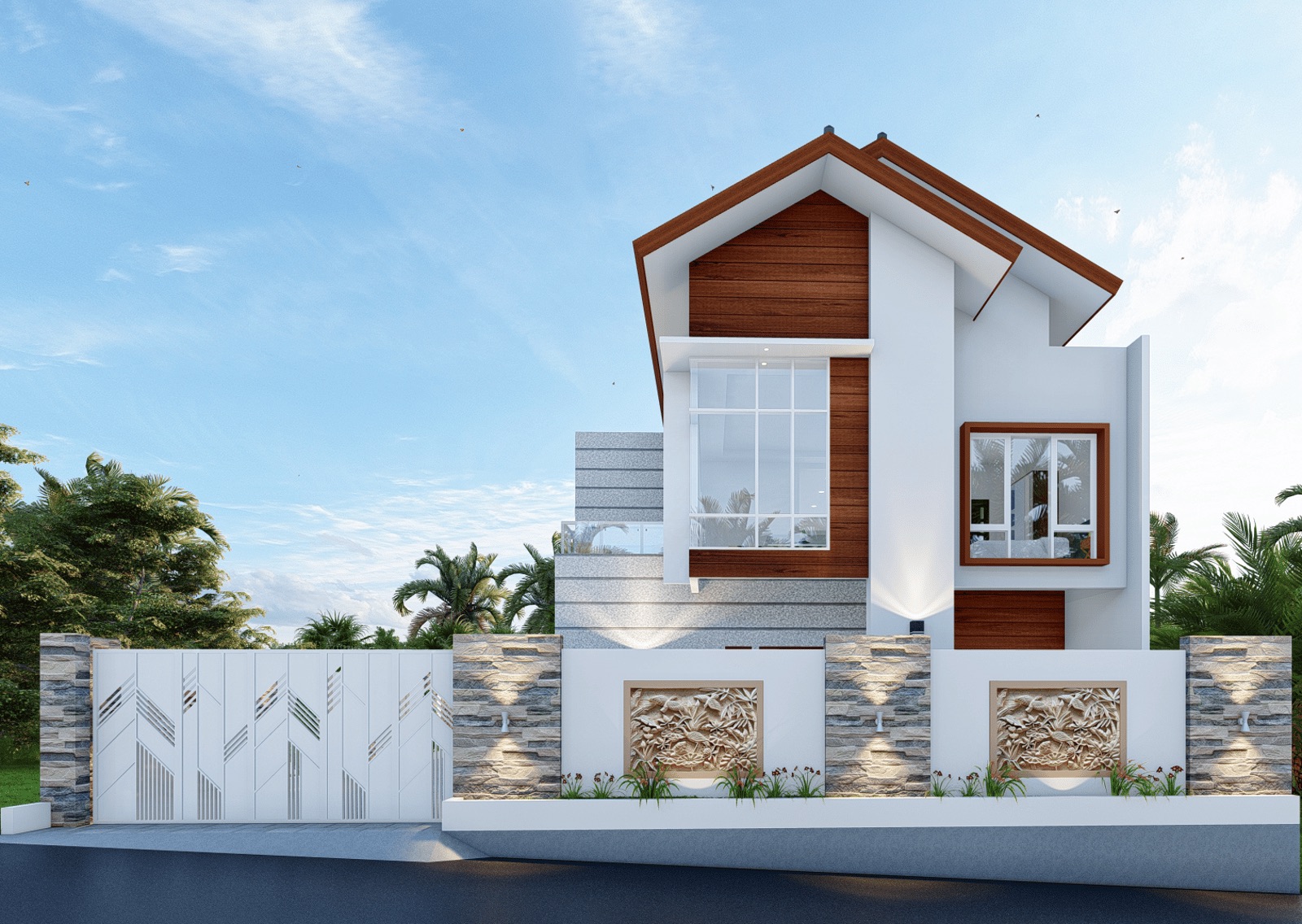 Rumah modern dua lantai dengan ornamen dinding ukir dan pagar geometris