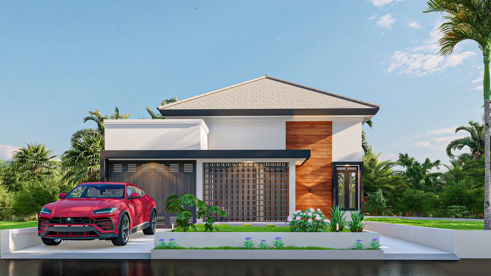 Rumah minimalis satu lantai dengan garasi kayu dan taman