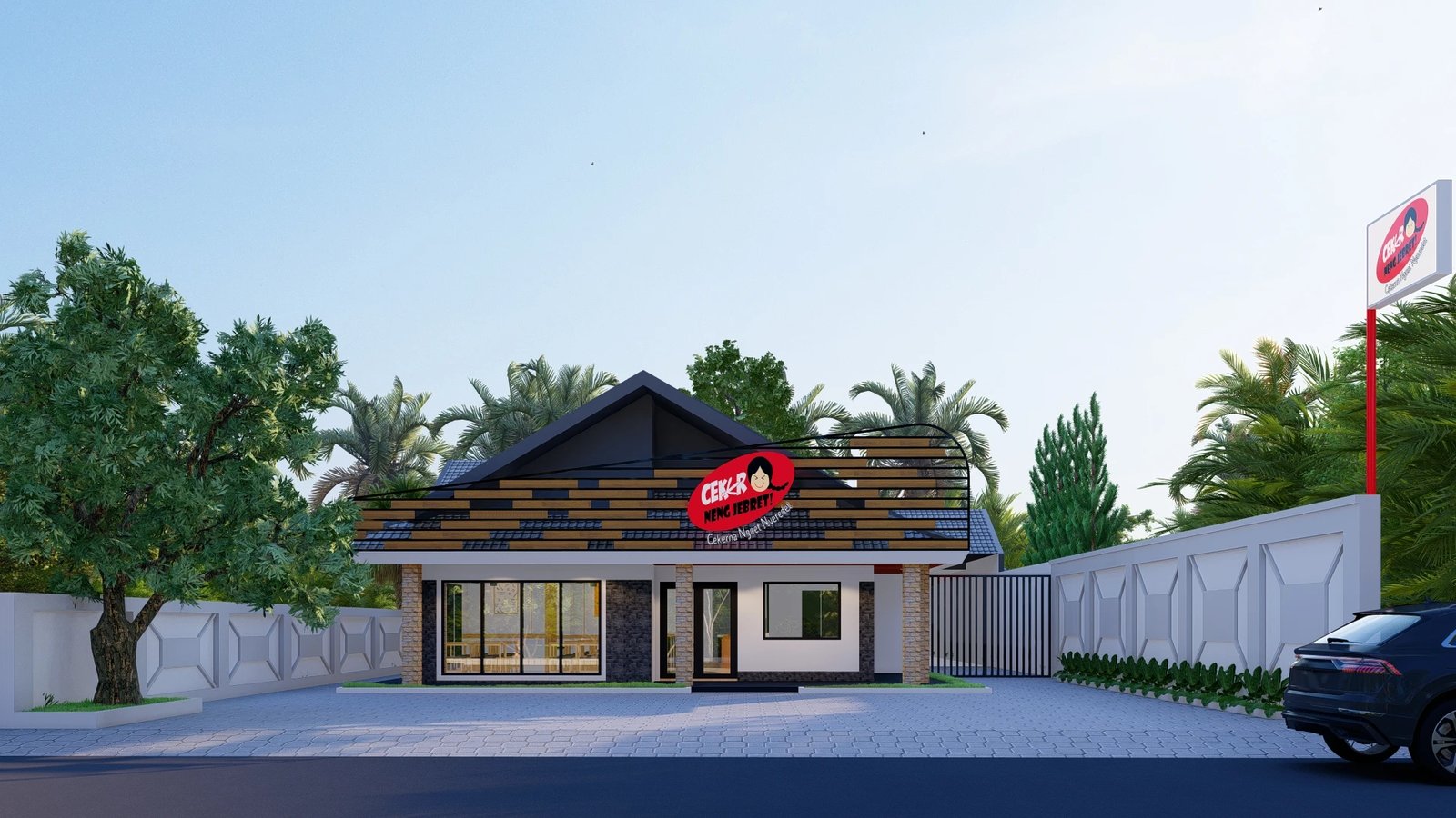 Fasad restoran hasil renovasi dengan lapisan kayu dan atap pelana